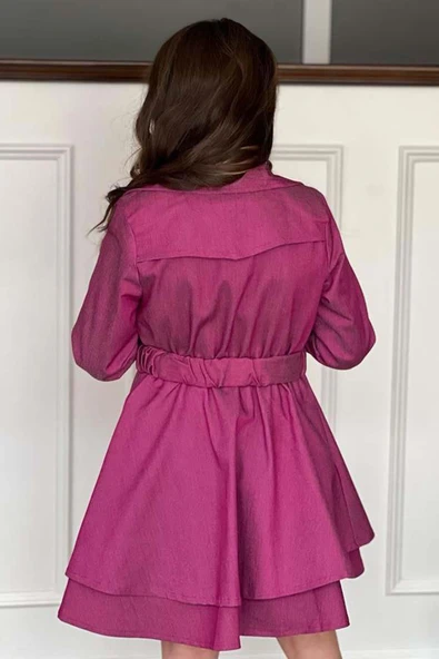 Kız Çocuk Çiçek Desenli Piliseli Mor Trençkotlu Elbise - Resim 4