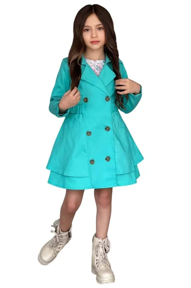 Kız Çocuk Çiçek Desenli Piliseli Turkuaz Trençkotlu Elbise - Resim 5