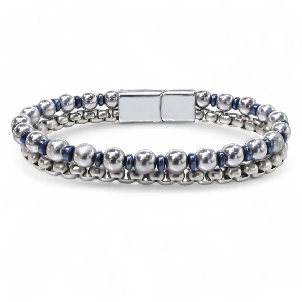 Çelik Zincirli Gümüş Ve Mavi Hematit Bileklik 31832B21D3 ürün görseli 1