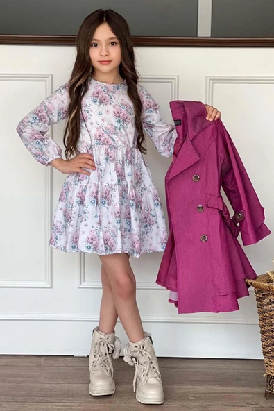 Kız Çocuk Çiçek Desenli Piliseli Mor Trençkotlu Elbise - Resim 2