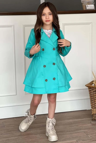 Kız Çocuk Çiçek Desenli Piliseli Turkuaz Trençkotlu Elbise ürün görseli