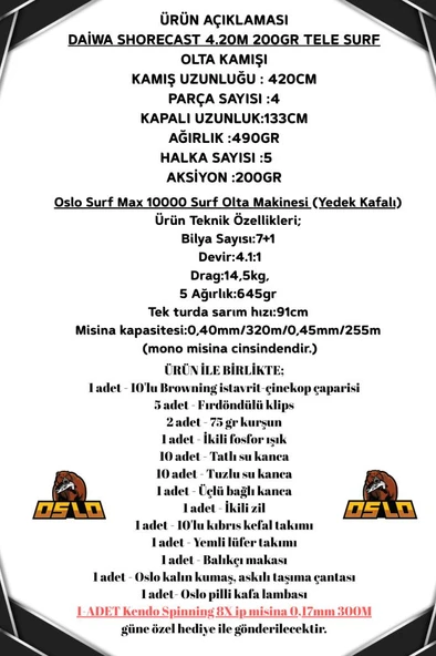Oslo Surf Max 10000 Daiwa Shore Cast 420cm 200gr Profesyonel Surf Olta Seti - 2