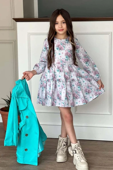 Kız Çocuk Çiçek Desenli Piliseli Turkuaz Trençkotlu Elbise - Resim 3