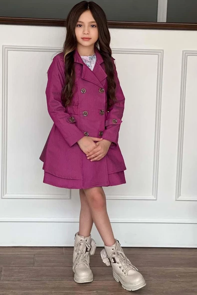 Kız Çocuk Çiçek Desenli Piliseli Mor Trençkotlu Elbise ürün görseli