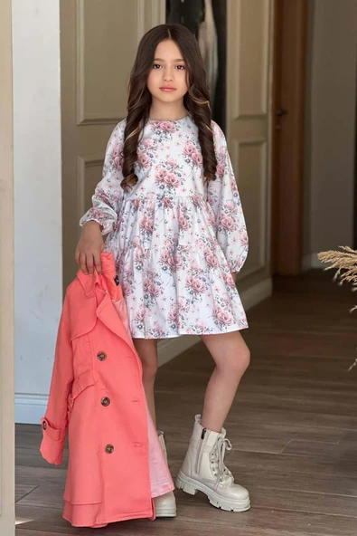 Kız Çocuk Çiçek Desenli Piliseli Yavru Ağzı Trençkotlu Elbise - Resim 3