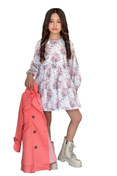 Kız Çocuk Çiçek Desenli Piliseli Yavru Ağzı Trençkotlu Elbise - Resim 7