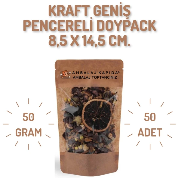 8,5x14,5 cm. Kraft Geniş Pencereli Doypack - 50 Adet ürün görseli