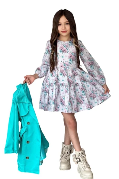 Kız Çocuk Çiçek Desenli Piliseli Turkuaz Trençkotlu Elbise - Resim 7
