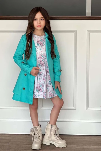 Kız Çocuk Çiçek Desenli Piliseli Turkuaz Trençkotlu Elbise - Resim 2