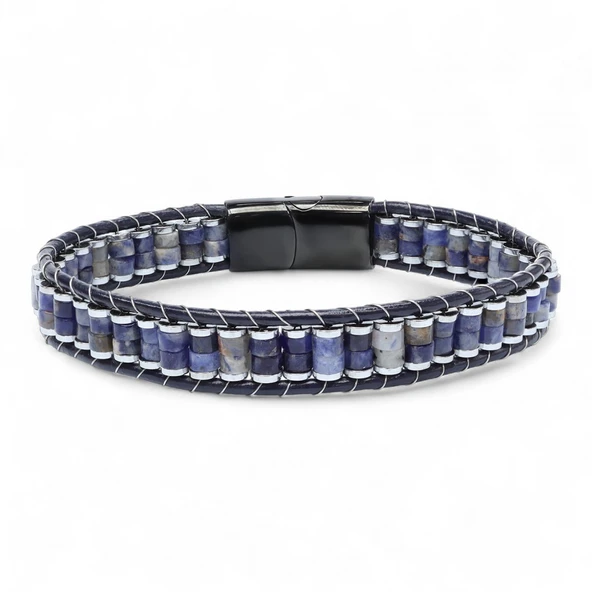 Orijinal Deri, Lapis Doğaltaş ve 316L Titanyum Çelik Erkek Bileklik 31832B22D10 - Resim 5