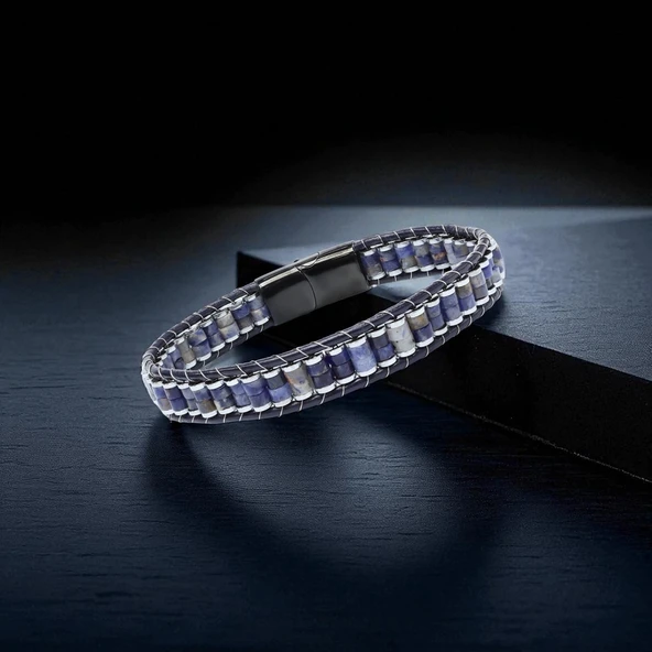 Orijinal Deri, Lapis Doğaltaş ve 316L Titanyum Çelik Erkek Bileklik 31832B22D10 - Resim 4