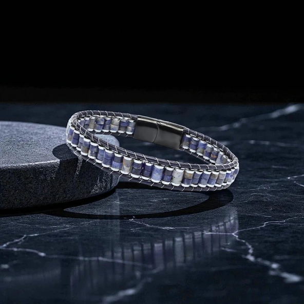 Orijinal Deri, Lapis Doğaltaş ve 316L Titanyum Çelik Erkek Bileklik 31832B22D10 - Resim 3