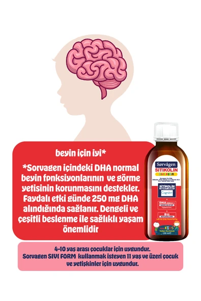 SORVAGEN Kids Sıvı Form - Sitikolin DHA Omega 3 Norveç Balık Yağı ve B12 - 150 ml - 6