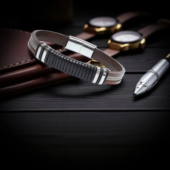 Orijinal Deri ve 316L Çelik Siyah-Kahverengi Erkek Bileklik 31834B19D1 - Resim 3