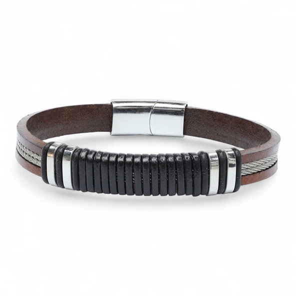 Orijinal Deri ve 316L Çelik Siyah-Kahverengi Erkek Bileklik 31834B19D1 - Resim 4