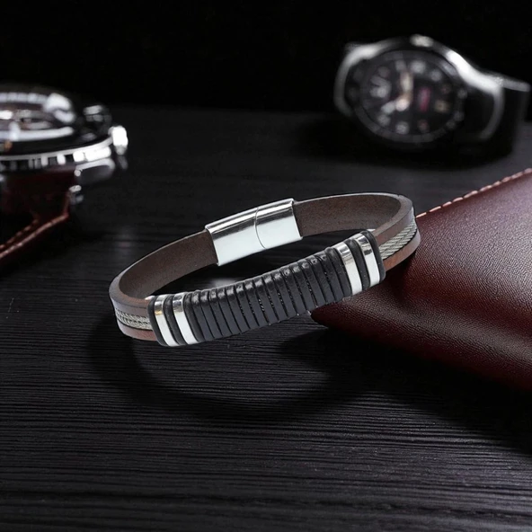Orijinal Deri ve 316L Çelik Siyah-Kahverengi Erkek Bileklik 31834B19D1 - Resim 2
