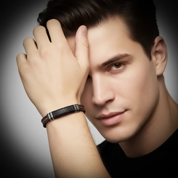 Orijinal Deri ve 316L Çelik Siyah-Kahverengi Erkek Bileklik 31834B19D1 ürün görseli 1