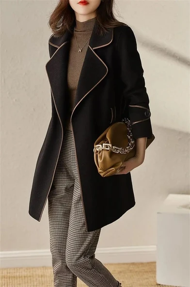 Kaşe Kadın Şık Yaka Kemerli Kaban - Resim 2