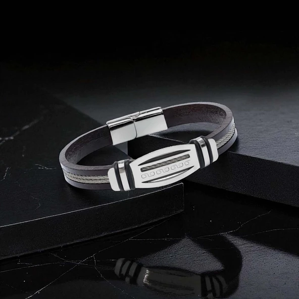 Grek Anahtarı Desenli Çelik Halatlı Erkek Bileklik 31834B17D4 - Resim 3