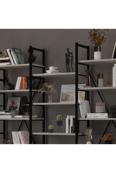 6 RAFLI METAL KİTAPLIK ÜÇ MODÜL  Kül Gri - Resim 3