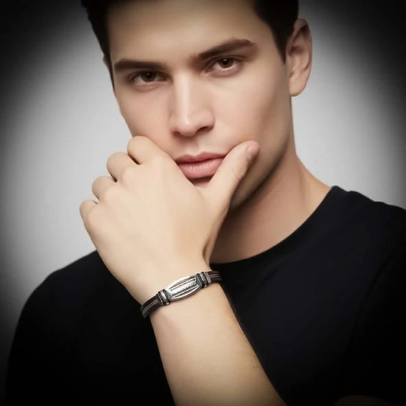 Grek Anahtarı Desenli Çelik Halatlı Erkek Bileklik 31834B17D4 - Resim 2