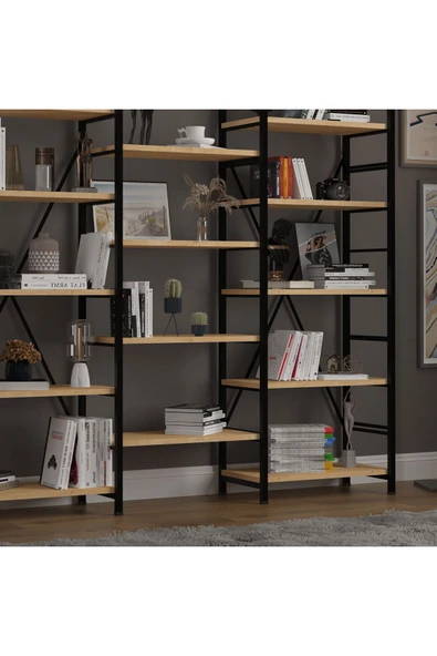 6 RAFLI METAL KİTAPLIK ÜÇ MODÜL  Safir Meşe - Resim 3