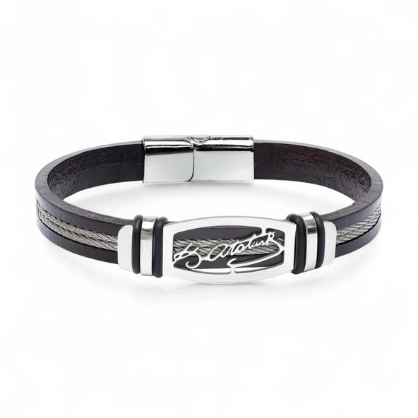 Atatürk İmzalı Çelik Halatlı Erkek Deri Bileklik 31834B17D2 - Resim 5
