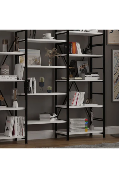 6 RAFLI METAL KİTAPLIK ÜÇ MODÜL  Beyaz - Resim 5