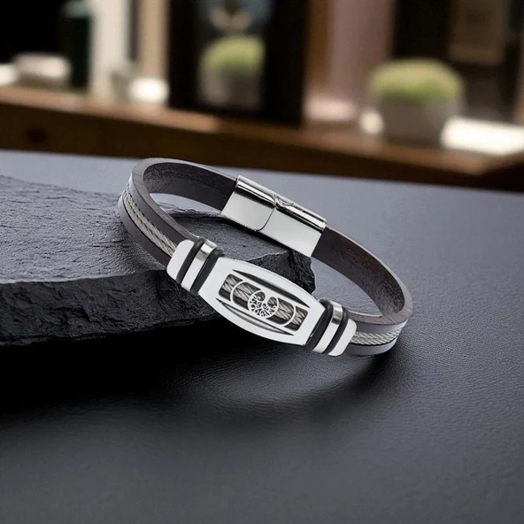 Hayat Ağacı Desenli Çelik Halatlı Erkek Bileklik 31834B17D3 - Resim 4