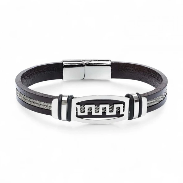 Meander Motifli Çelik Halatlı Deri Erkek Bileklik 31834B17D1 - Resim 5