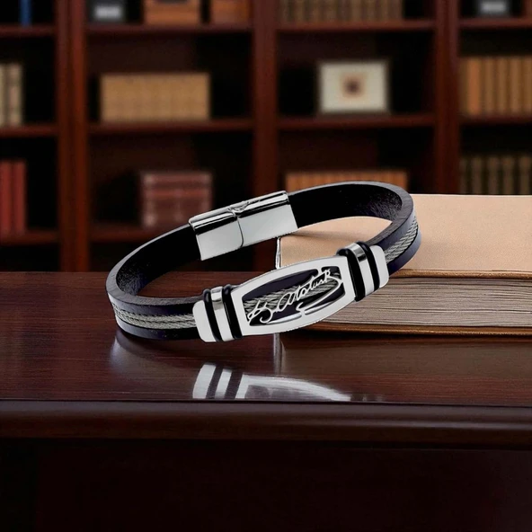 Atatürk İmzalı Çelik Halatlı Erkek Deri Bileklik 31834B17D2 - Resim 3