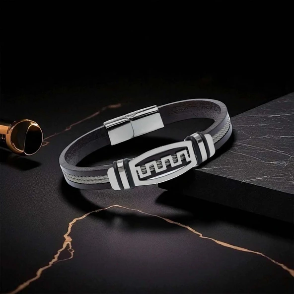 Meander Motifli Çelik Halatlı Deri Erkek Bileklik 31834B17D1 - Resim 3