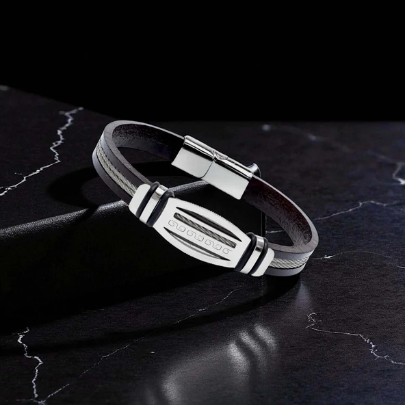 Grek Anahtarı Desenli Çelik Halatlı Erkek Bileklik 31834B17D4 - Resim 4