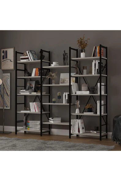 6 RAFLI METAL KİTAPLIK ÜÇ MODÜL  Kül Gri - Resim 2