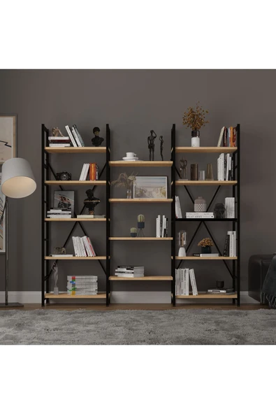 6 RAFLI METAL KİTAPLIK ÜÇ MODÜL  Safir Meşe ürün görseli
