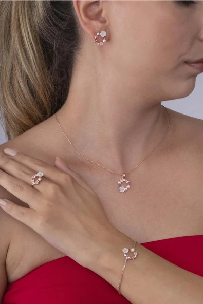 Gümüş Pazarım Manolya Çiçeği İnci Taneli Dörtlü Kadın Gümüş Set - 3