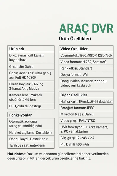 Araç İçi Dikiz Aynası DVR Kamera 3 Kamera HD 1080p  Gece Görüşlü Araç Kamerası - 5