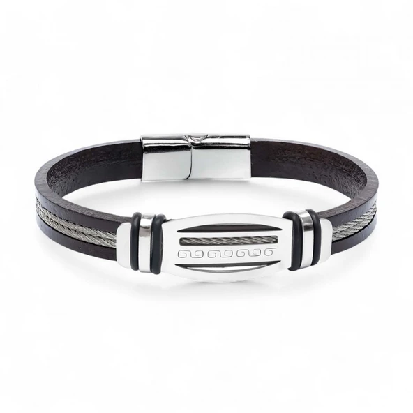 Grek Anahtarı Desenli Çelik Halatlı Erkek Bileklik 31834B17D4 - Resim 5