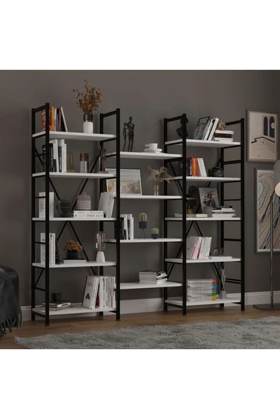 6 RAFLI METAL KİTAPLIK ÜÇ MODÜL  Beyaz - Resim 4