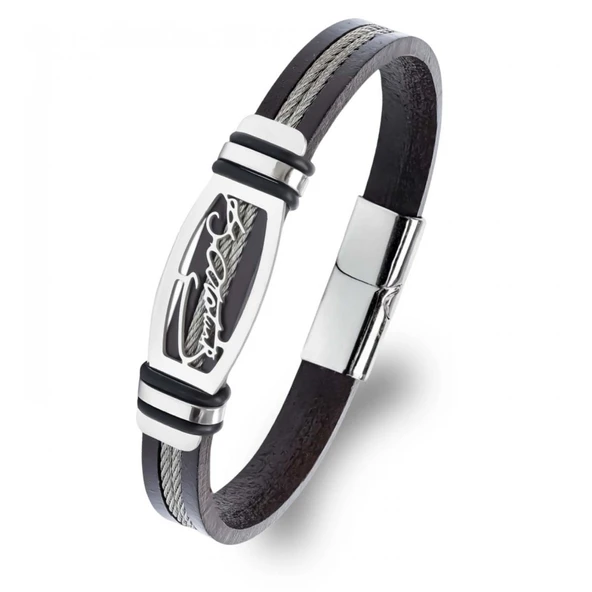 Atatürk İmzalı Çelik Halatlı Erkek Deri Bileklik 31834B17D2 ürün görseli 1