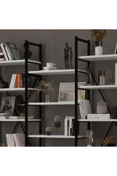 6 RAFLI METAL KİTAPLIK ÜÇ MODÜL  Beyaz - Resim 3