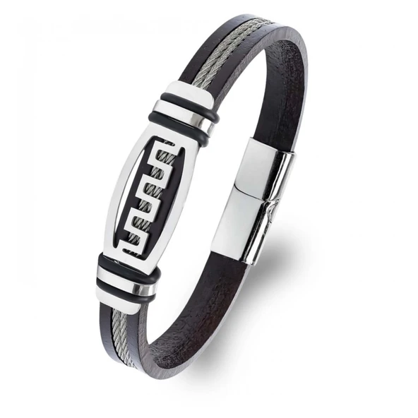 Meander Motifli Çelik Halatlı Deri Erkek Bileklik 31834B17D1 ürün görseli 1