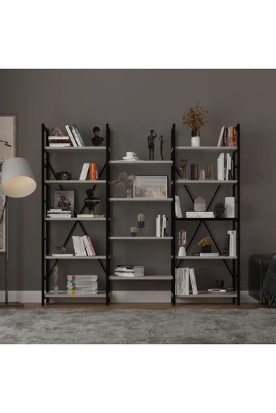6 RAFLI METAL KİTAPLIK ÜÇ MODÜL  Kül Gri ürün görseli
