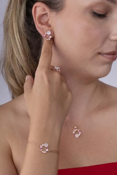 Gümüş Pazarım Manolya Çiçeği İnci Taneli Dörtlü Kadın Gümüş Set