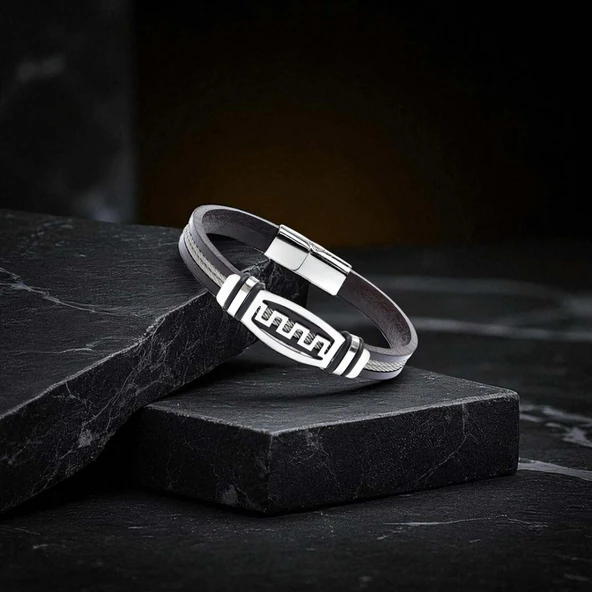 Meander Motifli Çelik Halatlı Deri Erkek Bileklik 31834B17D1 - Resim 4