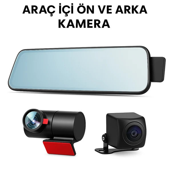 Araç İçi Dikiz Aynası DVR Kamera 3 Kamera HD 1080p  Gece Görüşlü Araç Kamerası - 1