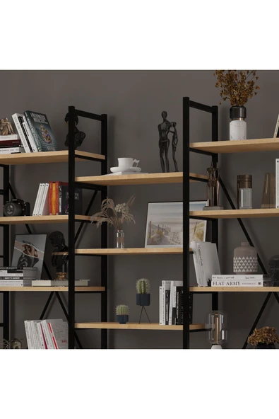 6 RAFLI METAL KİTAPLIK ÜÇ MODÜL  Safir Meşe - Resim 4