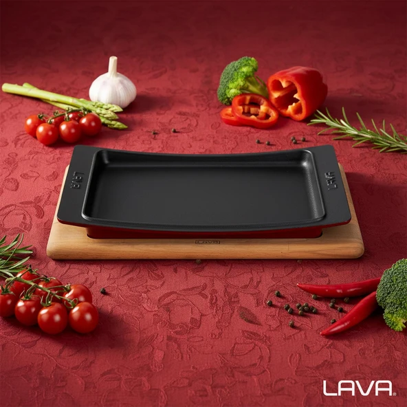 Lava Döküm Dikdörtgen Servis Tabağı ve Kayın Servis Ahşabı. Ölçü 36x24cm.-Bordo - Resim 7