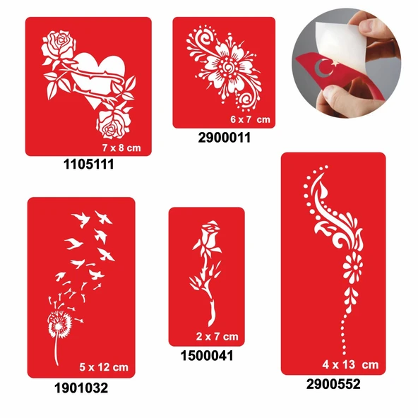 Gül Ve Kalp Modelleri 5'li Set Geçici Dövme Kına Şablonu ürün görseli 1