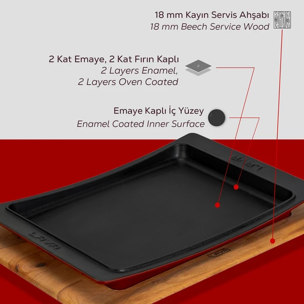 Lava Döküm Dikdörtgen Servis Tabağı ve Kayın Servis Ahşabı. Ölçü 36x24cm.-Bordo - Resim 6